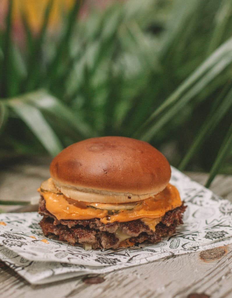 Double cheeseburger with melted cheese and pickles on a toasted bun