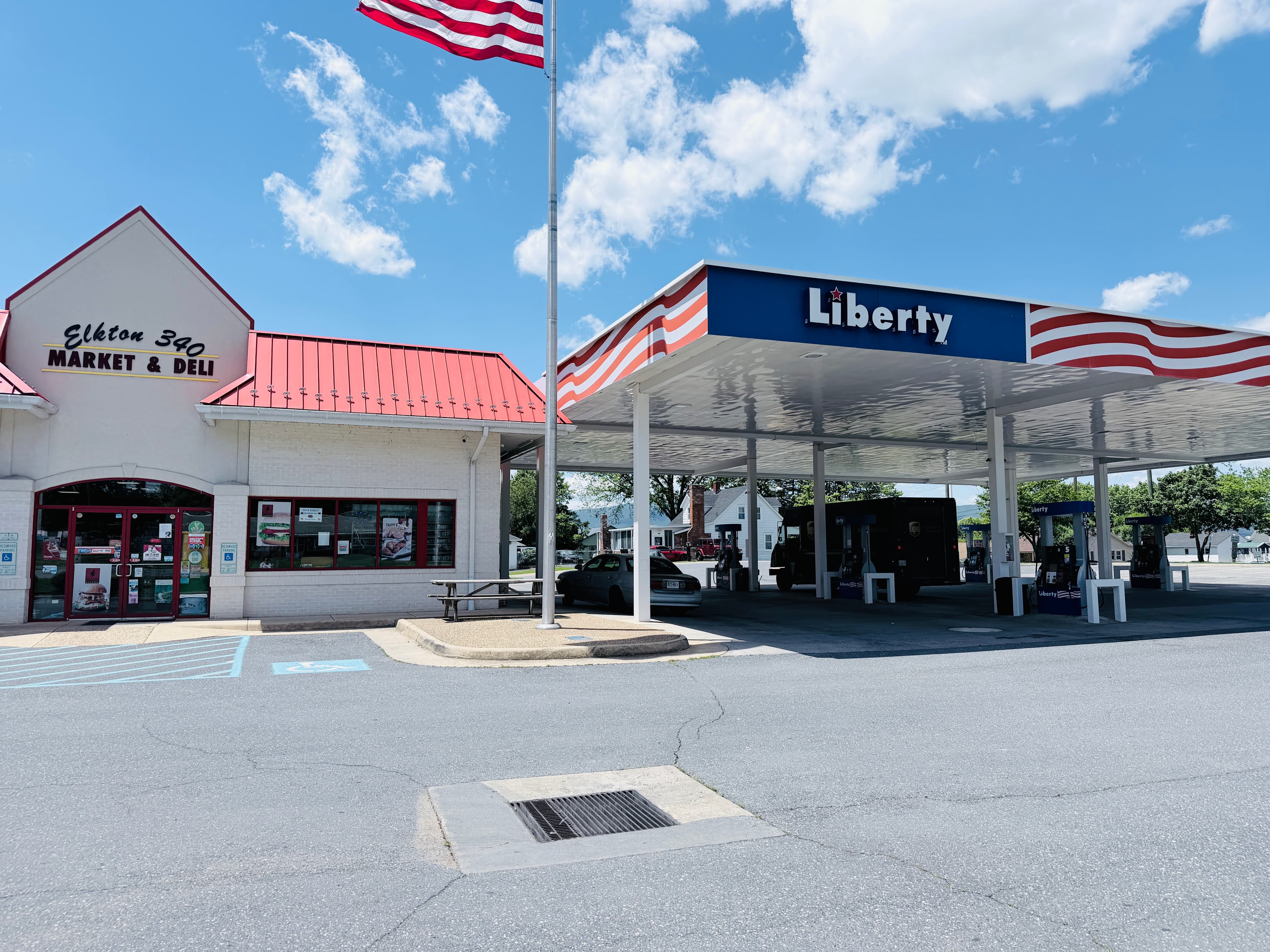 Liberty Gas and Deli storefront and fuel canopy in Elkton, Virginia